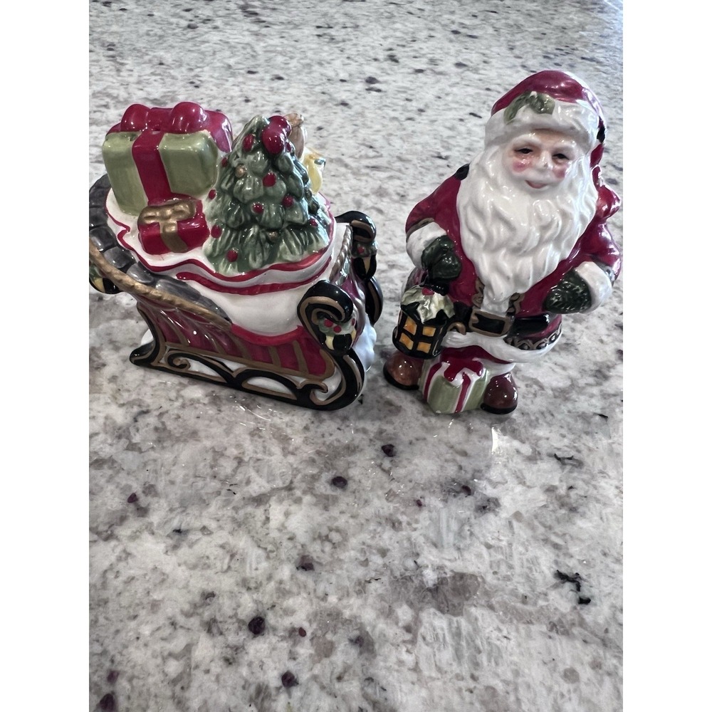 Fitz & Floyd Christmas Salt & Pepper Shaker Yuletide Traditions Santa Sleigh Vtg